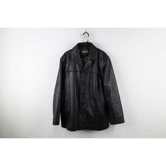 Vintage 90s Streetwear Mens Large Quilted Leather Full Button Jacket Coat Black